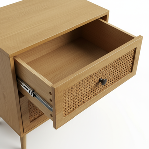 Table d'appoint moderne et écologique à 2 tiroirs en bois de caoutchouc, MDF, placage de chêne et détails en rotin. Table de rangement pour salon/chambre à coucher - Product Image 6