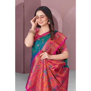 Elite Weaves Original Meenakari Paithani <b>Silk</b> Zari Woven Saree <b>Green</b> with Pink Premium Handwoven Indian Shawl - Product Image 2