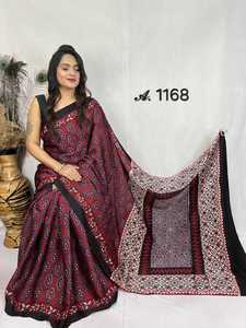 ผ้าส่าหรีผ้าไหมพิมพ์ลายบล็อกแท้สำหรับผู้หญิงชุดปาร์ตี้เทศกาลส่าหรีพร้อมผ้าชิ้นเดียวหรูหรา - Product Image 5