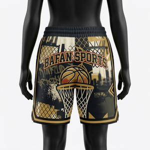 Shorts de basket-ball pour femmes de qualité supérieure, en polyester mesh noir et or, avec panneaux graphiques et logo personnalisé. - Product Image 2