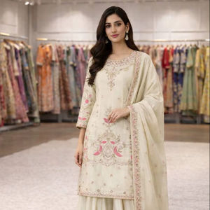 Traje Salwar Kameez de seda estilo indio y pakistaní con bordados de hilo y lentejuelas para bodas y festivales. - Product Image 1