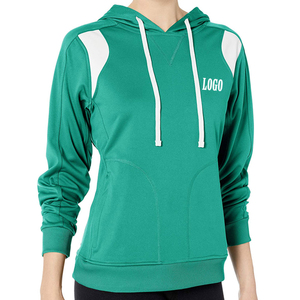 Sweat-shirt vert à capuche pour femme avec empiècements blancs aux épaules et logo frontal, coupe classique, idéal pour l'automne, en polyester tricoté respirant - Product Image 6