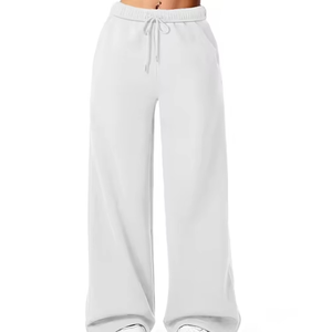 Pantalon large blanc pour femme, taille élastique avec cordon de serrage, coupe ample, style minimaliste, décontracté et doux, personnalisable OEM - Product Image 1