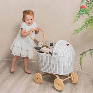 Toy doll <b>stroller</b> <b>for</b> girls; woven from natural rattan; features a wooden 4-wheel design; a toy <b>for</b> children. - Product Image 3