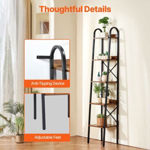 5 Tier Metal Bookshelf Industrial Vintage Bookcase with Open <b>Shelves</b> <b>Rustic</b> Narrow Storage Freestanding Display Bookcase - Product Image 6