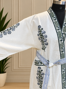 Peignoir Kimono Unisexe Léger Multi-usages en Coton Imprimé à la Main Motif Floral Moghal Buta pour Femme et Homme, Robe de Spa, Vêtement de Détente Hôtelier, Export - Product Image 5