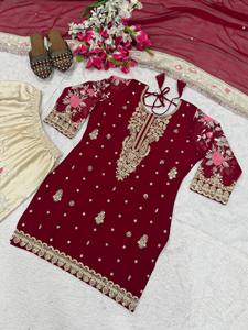 Conjunto de ropa étnica para mujer con top de georgette sintético premium con bordado de lentejuelas de 5 mm, mangas largas, salwar patiyala, dupatta de satén y encaje. - Product Image 6