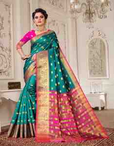 Pink And <b>Green</b> <b>Silk</b> Saree With Gold Embroidered Border Saree Traditional Indian Pakistani Wedding Wear For Women - Product Image 1