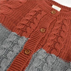 Cardigan en tricot torsadé pour femme, orange et gris, à blocs de couleur, manches longues, col rond, fermeture boutonnée, style décontracté, 100 % acrylique, pour l'automne - Product Image 3