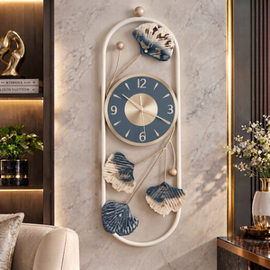 Luxury <b>Wall</b> <b>Clock</b> Floral Metal Art <b>Clock</b> Navy <b>Blue</b> Cream Gold Accent Decorative Art Decor for Living Room by Falah International - Product Image 1