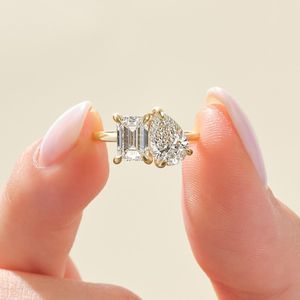 Toi Et Moi <b>Two</b> <b>Stone</b> Moissanite Engagement Wedding Party <b>Ring</b> 925 Sterling Silver Gold Plated Claw Setting Luxury Dainty - Product Image 4