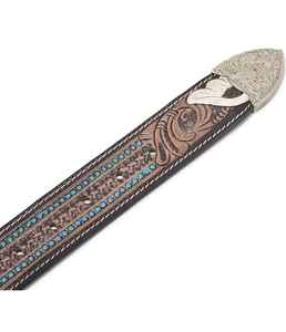 Cinturón Vaquero de Cuero Occidental Hecho a Mano de Primera Calidad con Diseño Floral en Relieve, Hebilla Plateada con Incrustaciones de Piedra Azul, Ligero y Largo - Product Image 6