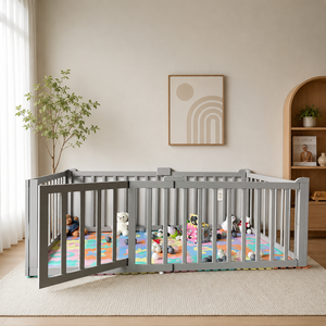 Parque de juegos de madera para bebés, centro de actividades, área de juegos portátil con tamaño y forma ajustables, valla para bebés con puerta para uso en interiores - Product Image 1