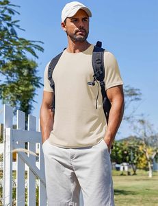 T-shirt pour homme, couleur crème, manches courtes, col rond, coupe ajustée, en coton tricoté, décontracté, respirant, design uni - Product Image 3