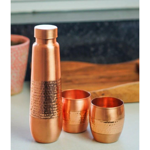 High <b>Copper</b> Water <b>Bottle</b> with Two Glass Hammered Design For Hydration Yoga & Ayurveda Inspired Drinkware <b>Bottle</b> With Packaging - Product Image 3