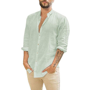 Chemises décontractées pour hommes automne, col en V, manches longues, col montant, en lin et coton, fermeture à bouton unique, écologiques et respirantes - Product Image 1