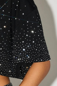 Camiseta corta para mujer con diseño de logotipo personalizado OEM, con cristales de imitación negros, mezcla de algodón, transpirable, estilo urbano. - Product Image 5