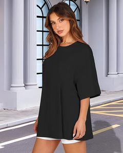 T-shirt noir surdimensionné à manches courtes et col en V pour femme, coupe classique, couleur unie, en jersey de coton, personnalisable, printemps-été - Product Image 3