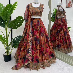 Elegante Lehenga Choli Semisellado de Georgette Sintético con Intrincados Detalles de Hilo y Bordado para Novias y Damas de Honor de la India - Product Image 1
