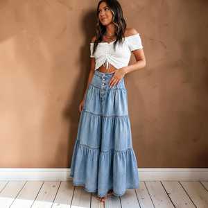 Women's <b>Denim</b> <b>Knee</b>-<b>Length</b> <b>Skirt</b> A-Line Ruffle Button Front Regular Fit Solid Color Casual Winter Knitted Waist Washed Cotton - Product Image 2