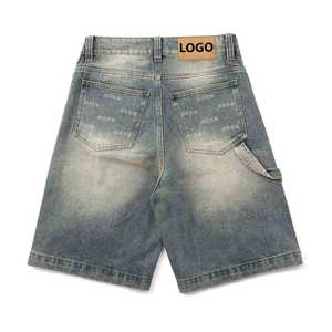 Pantalones Cortos de Mezclilla Azul Lavado con Parches Bordados y Logotipo Personalizado, Bolsillos Dobles en la Rodilla, Estilo Cargo, Streetwear - Product Image 3