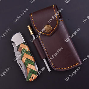 Couteau pliant tactique professionnel fait main en acier Damas massif, à lame coulissante, avec manche en bois d'olivier et motif torsadé - Product Image 4