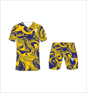 Custom sublimated <b>soccer</b> uniform set for men with gold and navy blue marble swirl print jersey and matching shorts - Product Image 5