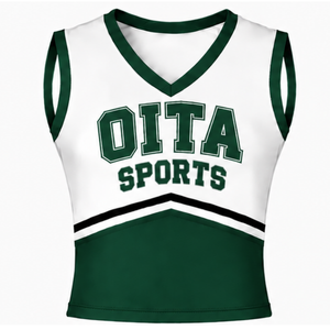Haut d'uniforme de cheerleading vert foncé personnalisé par le fabricant, sans manches, col en V, pour équipe de danse athlétique, performance et compétition, vêtements de sport - Product Image 1