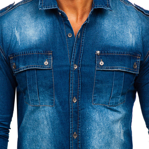 Chemise en jean pour homme, coupe ajustée, manches trois quarts, couleur unie, col rabattu, décontractée, respirante, coton délavé - Product Image 5