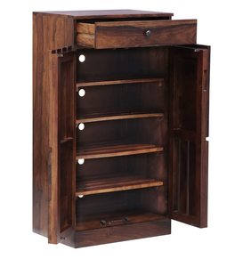 Zapatero de Madera Maciza de Diseño para Entradas, Hogar, Oficina, Mueble Zapatero con 5 Estantes, 1 Cajón y Puerta de Madera Maciza, Teca - Product Image 3