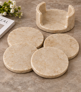 Natural Marble Drink <b>Coaster</b> Set of 4 with Holder Round Stone Table <b>Coasters</b> <b>Cork</b> Backed - Product Image 6