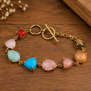 Natural Multi Gemstone <b>Bracelet</b> Handmade Prong Setting 18K Gold Plating Elegant Toggle Clasp Statement Link <b>Stone</b> Women Jewelry - Product Image 4