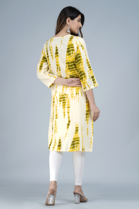 Women Yellow Tie Dye Printed <b>Kurti</b> With , 3/4 Sleeves Casual Ethnic Wear Straight Kurta for Daily Wear . - Product Image 2
