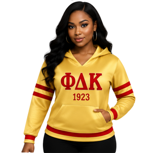 Sudadera con Capucha PDK Dorada y Roja para Mujer, Modelo 1923, con Capucha, Mangas con Rayas y Letras en Bloque, Diseño Gráfico Frontal - Product Image 1