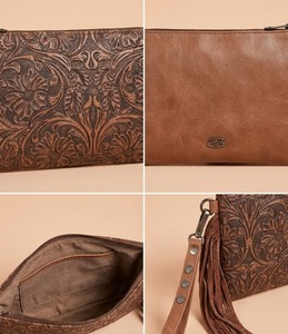 Handmade Floral <b>Tooled</b> <b>Leather</b> Shoulder Bag Tassel Wristlet Zipper <b>Pouch</b> for Travel Cosmetic Storage - Product Image 3