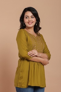 <b>Women's</b> Olive Green Cotton <b>Kurta</b> With Embroidery 3/4 Sleeve Casual Loose Fit Regular Length Ethnic Wear India Pakistan Style - Product Image 3