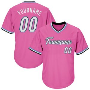 Camiseta de Béisbol Personalizada con Cuello en V Rosa para Hombre, Manga Corta, Nombre del Equipo Sublimado, Ropa Deportiva de Poliéster que Absorbe la Humedad - Product Image 1