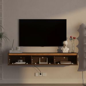 Supporto TV da Parete per Soggiorno, Mobile Sospeso in Legno con Luci LED e Presa di Corrente - Product Image 3