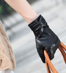 Womens fashion Leather <b>Gloves</b> Wool Fleece Lining with Crossing Bow - Product Image 2