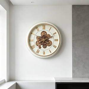 Moving gear wall <b>clock</b> 18 inch white vintage rustic frame with <b>silent</b> bronze gold numbers for home décor - Product Image 3