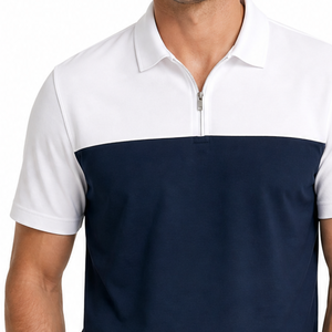 Camiseta Clásica de Cuello Alto con Cierre de Cremallera para Hombre, Tejido de Poliéster, Logotipo Frontal, Secado Rápido, Alta Calidad, Corte y Confección de Primera, Color Azul Marino y Blanco - Product Image 2