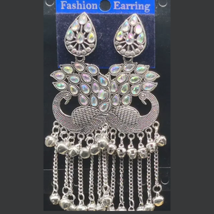 Oxidised <b>Silver</b> Teardrop Stud Dual Peacock Motif Statement Drop <b>Earrings</b> With Hanging Ghungroo <b>Chain</b> Tassels Wholesale Catalog - Product Image 1