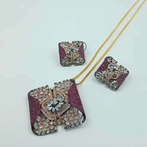 Victorian <b>Ruby</b> Emerald Crystal CZ Pendant Set Gold Plated Trendy IGI Certified Statement <b>Necklace</b> with Earrings for Gift - Product Image 1
