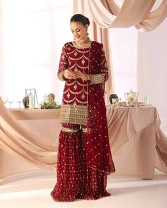 Ensemble de salwar kameez brodé pour femmes, rouge, tenue traditionnelle indienne, tenue ethnique pakistanaise, dupatta, robe de fête, robe de mariage - Product Image 1