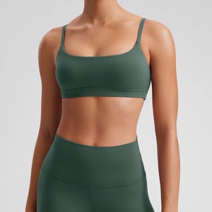 Women Seamless Square Neck Sports Bra <b>Spaghetti</b> Strap Medium Support Yoga Solid Green Stretch Fabric - Product Image 2