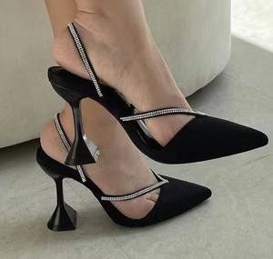 Escarpins Vibram talon évasé tendance de la mode Satin 9cm Toe Box PU Slingbacks chaussures pour femmes avec sangles en pierre - Product Image 5