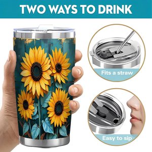 Stainless Steel Tumbler 20oz <b>Double</b> <b>Wall</b> Insulated Travel <b>Mug</b> With Sunflower Design Outdoor Use - Product Image 5