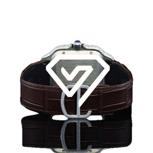 Montre carrée pour homme, aspect diamant moissanite, chiffres romains, cadran blanc, bracelet en cuir marron, montre automatique de luxe - Product Image 3