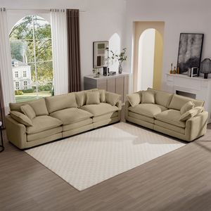 Ensemble de canapés de salon moderne en tissu Corduroy Tan, deux places, inclinable, avec 8 coussins et assise profonde et spacieuse - Product Image 1