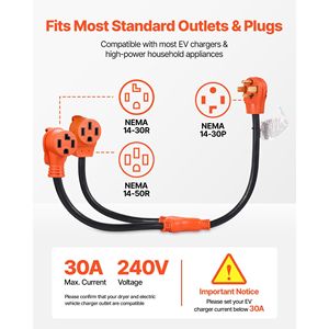 Adattatore sdoppiatore a Y da 30 Amp con impugnatura, NEMA 14-30P 14-30R/14-50R, 4 poli, 240 Volt, per asciugatrice e caricatore EV - Product Image 3